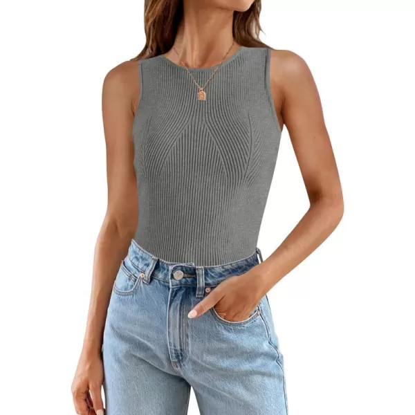 imageZESICA Womens Ribbed Tank Tops 2024 Summer Sleeveless High Neck Casual Slim Fitted Basic Knit ShirtsGrey