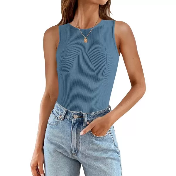 imageZESICA Womens Ribbed Tank Tops 2024 Summer Sleeveless High Neck Casual Slim Fitted Basic Knit ShirtsGreyblue