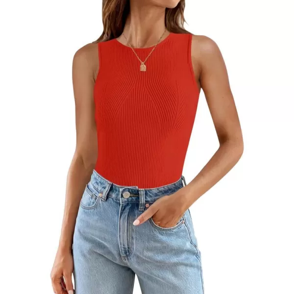 imageZESICA Womens Ribbed Tank Tops 2024 Summer Sleeveless High Neck Casual Slim Fitted Basic Knit ShirtsOrangered