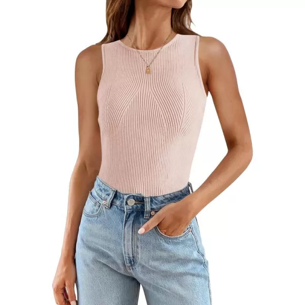 imageZESICA Womens Ribbed Tank Tops 2024 Summer Sleeveless High Neck Casual Slim Fitted Basic Knit ShirtsPink