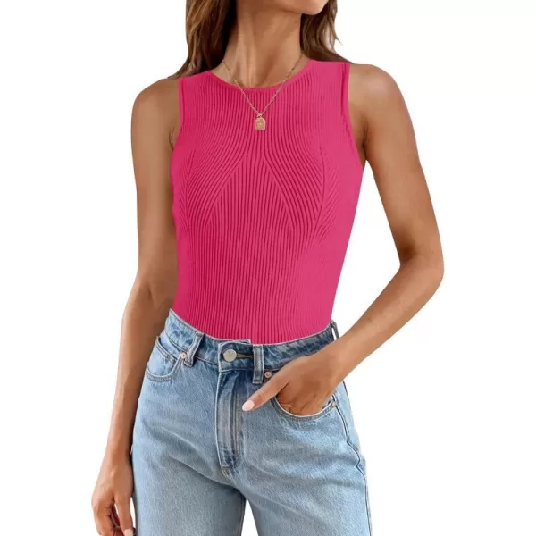 imageZESICA Womens Ribbed Tank Tops 2024 Summer Sleeveless High Neck Casual Slim Fitted Basic Knit ShirtsRose