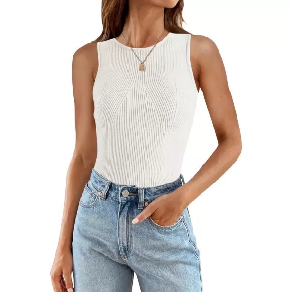 imageZESICA Womens Ribbed Tank Tops 2024 Summer Sleeveless High Neck Casual Slim Fitted Basic Knit ShirtsWhite