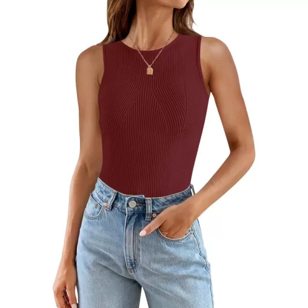 imageZESICA Womens Ribbed Tank Tops 2024 Summer Sleeveless High Neck Casual Slim Fitted Basic Knit ShirtsWine