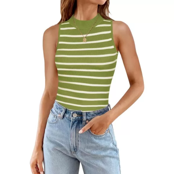 imageZESICA Womens Ribbed Tank Tops High Neck Slim Fitted Striped Basic Casual Summer Sleeveless ShirtsAvocadogreen
