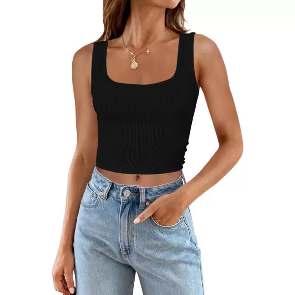 imageZESICA Womens Ribbed Tank Tops Square Neck Summer Sleeveless Shirts Fitted Basic Casual Crop TopsBlack