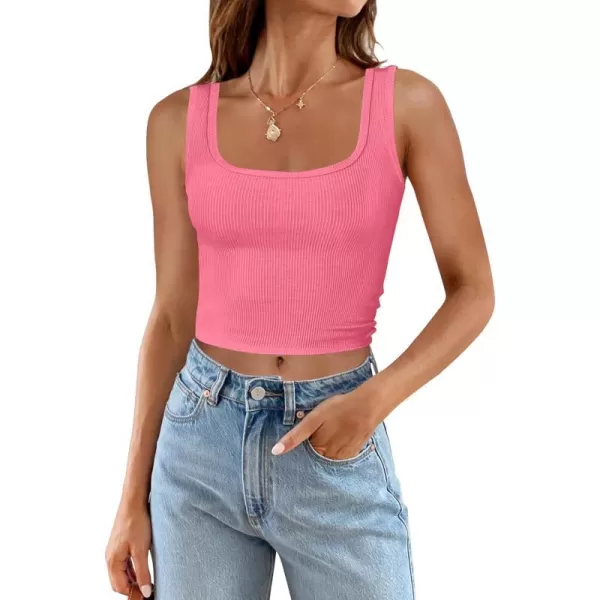 imageZESICA Womens Ribbed Tank Tops Square Neck Summer Sleeveless Shirts Fitted Basic Casual Crop TopsPink