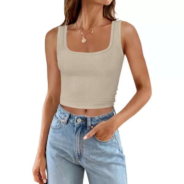 imageZESICA Womens Ribbed Tank Tops Square Neck Summer Sleeveless Shirts Fitted Basic Casual Crop TopsSand