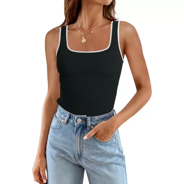 imageZESICA Womens Ribbed Tank Tops Square Neck Summer Sleeveless Slim Fitted Color Block Basic Knit Tee ShirtsBlack