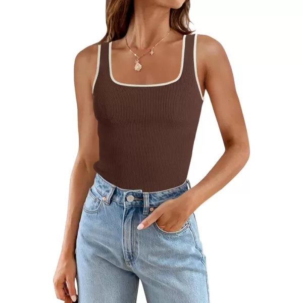 imageZESICA Womens Ribbed Tank Tops Square Neck Summer Sleeveless Slim Fitted Color Block Basic Knit Tee ShirtsCoffee