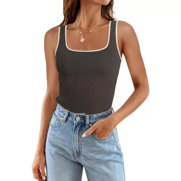 imageZESICA Womens Ribbed Tank Tops Square Neck Summer Sleeveless Slim Fitted Color Block Basic Knit Tee ShirtsDarkgrey