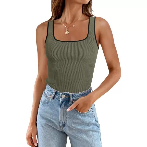 imageZESICA Womens Ribbed Tank Tops Square Neck Summer Sleeveless Slim Fitted Color Block Basic Knit Tee ShirtsGreygreen