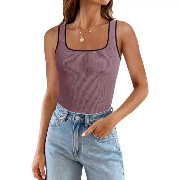 imageZESICA Womens Ribbed Tank Tops Square Neck Summer Sleeveless Slim Fitted Color Block Basic Knit Tee ShirtsPurple