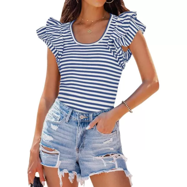 imageZESICA Womens Ruffle Short Sleeve Striped T Shirts 2024 Summer Scoop Neck Slim Fitted Causal Basic Tee TopsBlue