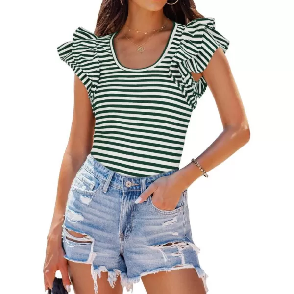 imageZESICA Womens Ruffle Short Sleeve Striped T Shirts 2024 Summer Scoop Neck Slim Fitted Causal Basic Tee TopsGreen