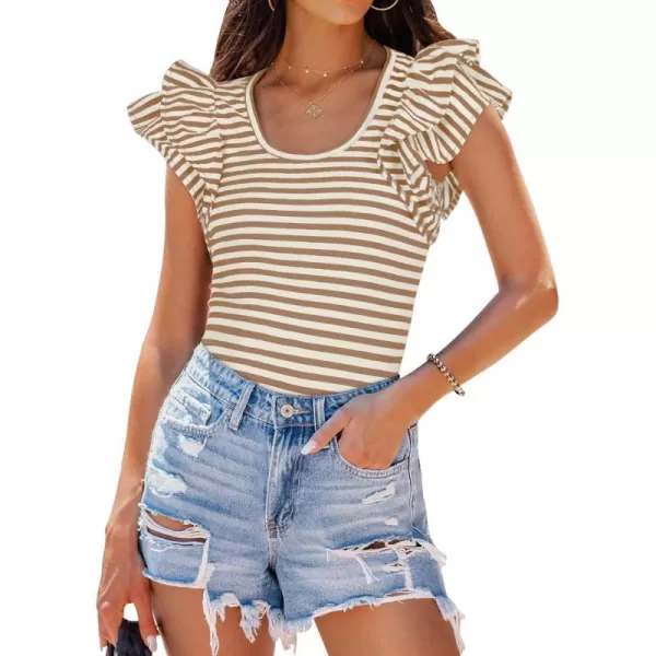 imageZESICA Womens Ruffle Short Sleeve Striped T Shirts 2024 Summer Scoop Neck Slim Fitted Causal Basic Tee TopsKhaki