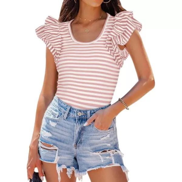 imageZESICA Womens Ruffle Short Sleeve Striped T Shirts 2024 Summer Scoop Neck Slim Fitted Causal Basic Tee TopsPink