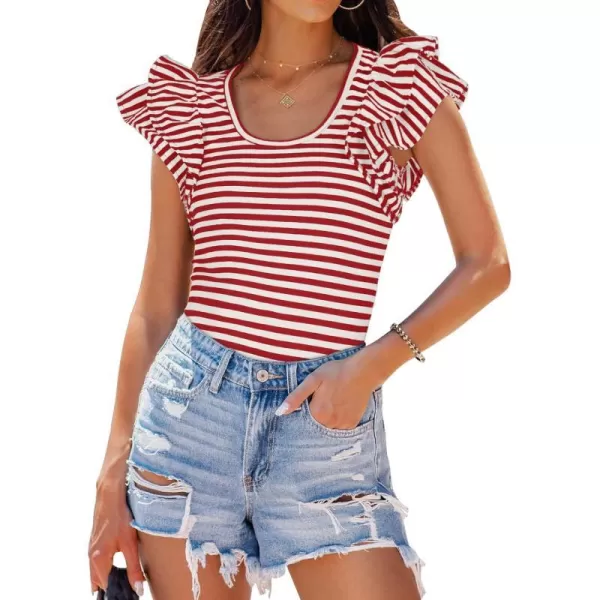 imageZESICA Womens Ruffle Short Sleeve Striped T Shirts 2024 Summer Scoop Neck Slim Fitted Causal Basic Tee TopsRed