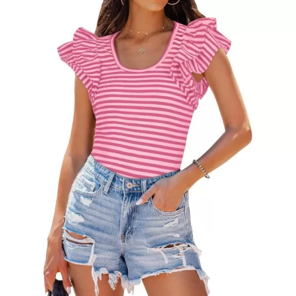 imageZESICA Womens Ruffle Short Sleeve Striped T Shirts 2024 Summer Scoop Neck Slim Fitted Causal Basic Tee TopsRose Pink