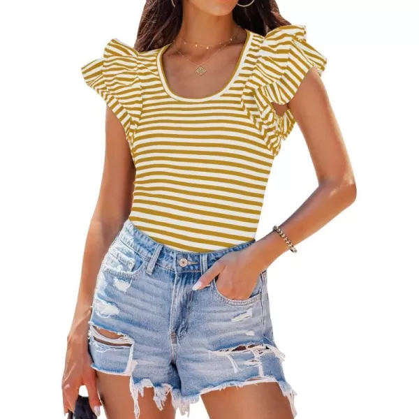 imageZESICA Womens Ruffle Short Sleeve Striped T Shirts 2024 Summer Scoop Neck Slim Fitted Causal Basic Tee TopsYellow