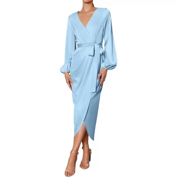 imageZESICA Womens Satin V Neck Bodycon Dress Long Sleeve Ruched Tie Waist Wrap Split Cocktail Party Midi DressesRustSmallBlue XLarge