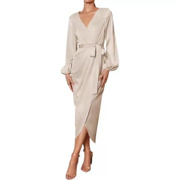 imageZESICA Womens Satin V Neck Bodycon Dress Long Sleeve Ruched Tie Waist Wrap Split Cocktail Party Midi DressesRustSmallChampagne Medium