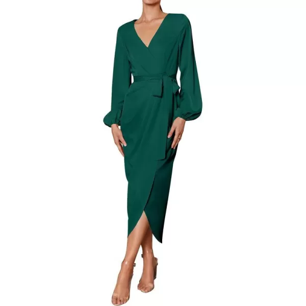 imageZESICA Womens Satin V Neck Bodycon Dress Long Sleeve Ruched Tie Waist Wrap Split Cocktail Party Midi DressesRustSmallForestgreen Medium