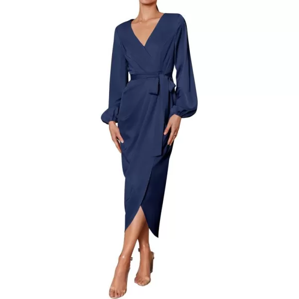 imageZESICA Womens Satin V Neck Bodycon Dress Long Sleeve Ruched Tie Waist Wrap Split Cocktail Party Midi DressesRustSmallNavy Large