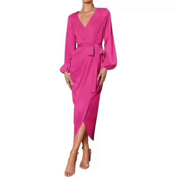 imageZESICA Womens Satin V Neck Bodycon Dress Long Sleeve Ruched Tie Waist Wrap Split Cocktail Party Midi DressesRustSmallRose Large