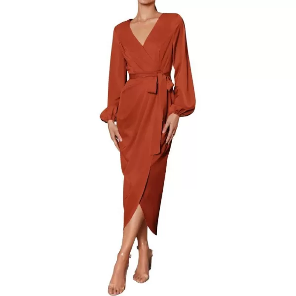 imageZESICA Womens Satin V Neck Bodycon Dress Long Sleeve Ruched Tie Waist Wrap Split Cocktail Party Midi DressesRustSmallRust Medium