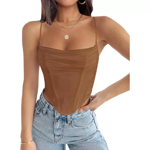 imageZESICA Womens Sexy Bustier Crop Top Spaghetti Straps Backless Y2k Club Party Cami Corset TopsBrown