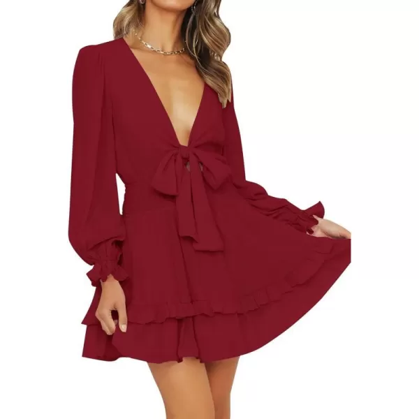 imageZESICA Womens Sexy Deep V Neck Knot Front Long Sleeve Smocked Wiast Ruffle Tiered Swing Mini Skater DressDarkred