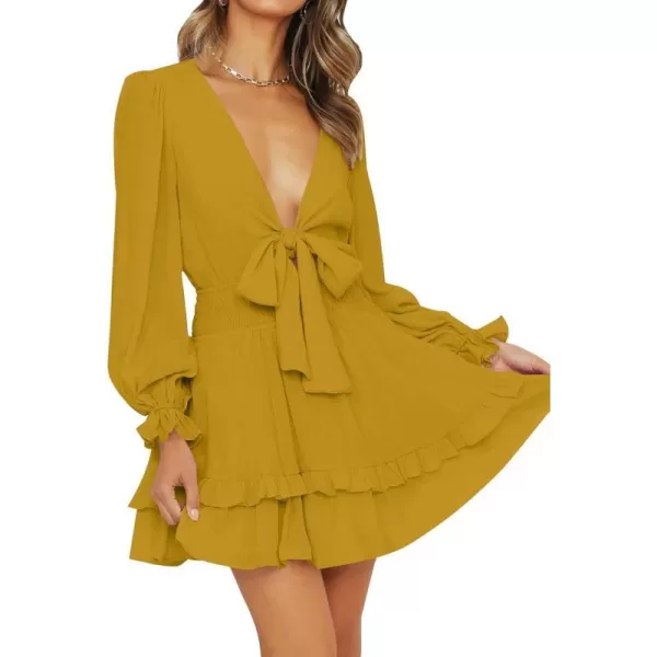 imageZESICA Womens Sexy Deep V Neck Knot Front Long Sleeve Smocked Wiast Ruffle Tiered Swing Mini Skater DressGinger