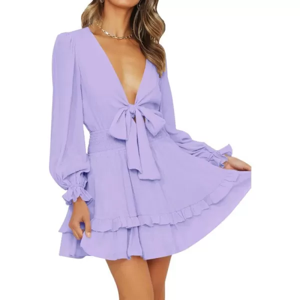 imageZESICA Womens Sexy Deep V Neck Knot Front Long Sleeve Smocked Wiast Ruffle Tiered Swing Mini Skater DressPurple