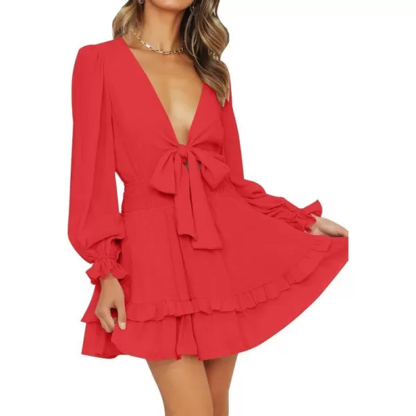 imageZESICA Womens Sexy Deep V Neck Knot Front Long Sleeve Smocked Wiast Ruffle Tiered Swing Mini Skater DressRed