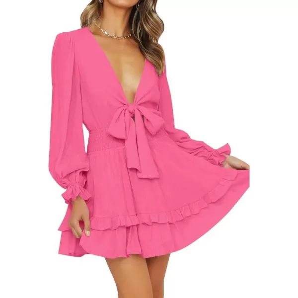 imageZESICA Womens Sexy Deep V Neck Knot Front Long Sleeve Smocked Wiast Ruffle Tiered Swing Mini Skater DressRose