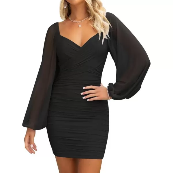 imageZESICA Womens Sexy V Neck Ruched Bodycon Mini Dress Puff Long Sleeve Cocktail Wedding Party Short DressesBlack