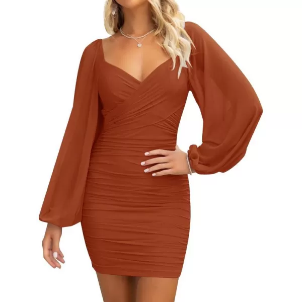 imageZESICA Womens Sexy V Neck Ruched Bodycon Mini Dress Puff Long Sleeve Cocktail Wedding Party Short DressesCaramel