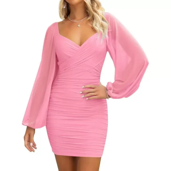 imageZESICA Womens Sexy V Neck Ruched Bodycon Mini Dress Puff Long Sleeve Cocktail Wedding Party Short DressesPink