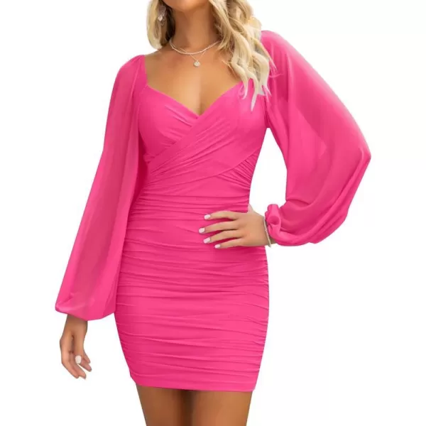 imageZESICA Womens Sexy V Neck Ruched Bodycon Mini Dress Puff Long Sleeve Cocktail Wedding Party Short DressesRose