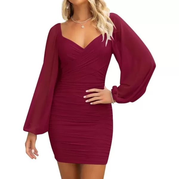 imageZESICA Womens Sexy V Neck Ruched Bodycon Mini Dress Puff Long Sleeve Cocktail Wedding Party Short DressesWine