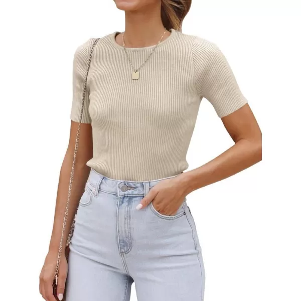 imageZESICA Womens Short Sleeve Crewneck Ribbed Knit Slim Fit T Shirt 2023 Summer Basic Solid Color Tee TopsAlmond