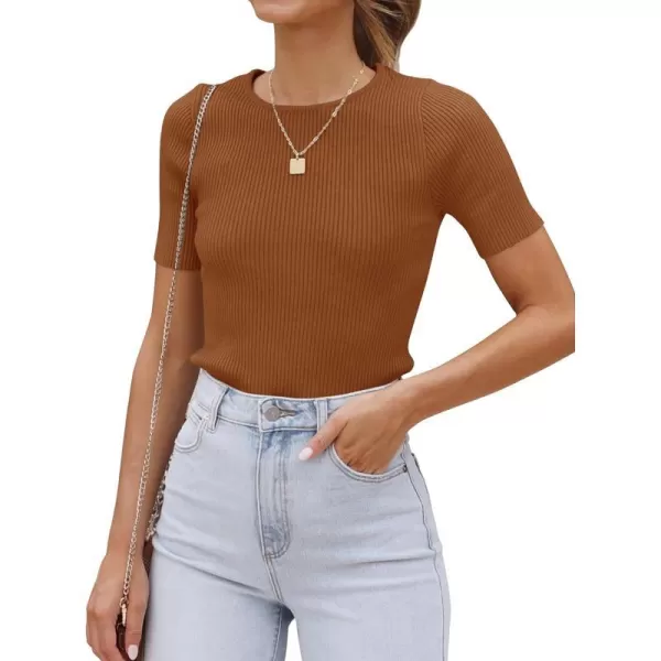 imageZESICA Womens Short Sleeve Crewneck Ribbed Knit Slim Fit T Shirt 2023 Summer Basic Solid Color Tee TopsBrown