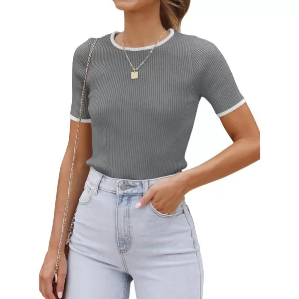 imageZESICA Womens Short Sleeve Crewneck Ribbed Knit Slim Fit T Shirt 2023 Summer Basic Solid Color Tee TopsDarkgrey