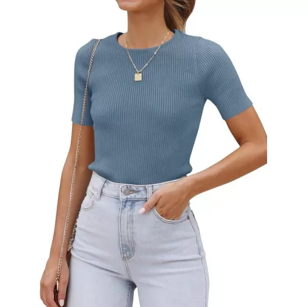imageZESICA Womens Short Sleeve Crewneck Ribbed Knit Slim Fit T Shirt 2023 Summer Basic Solid Color Tee TopsDustyblue