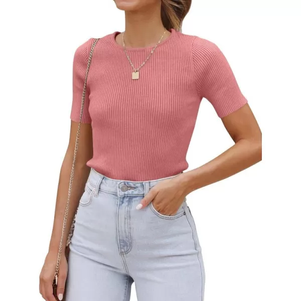 imageZESICA Womens Short Sleeve Crewneck Ribbed Knit Slim Fit T Shirt 2023 Summer Basic Solid Color Tee TopsDustypink