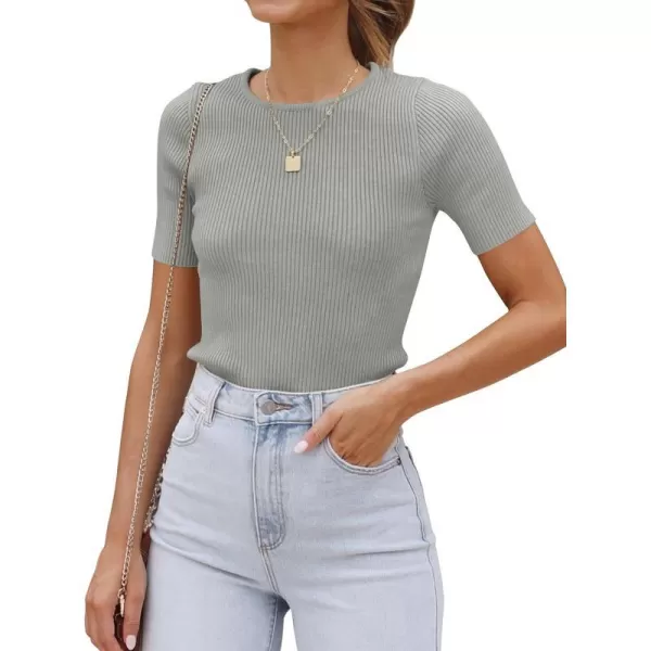 imageZESICA Womens Short Sleeve Crewneck Ribbed Knit Slim Fit T Shirt 2023 Summer Basic Solid Color Tee TopsGrey