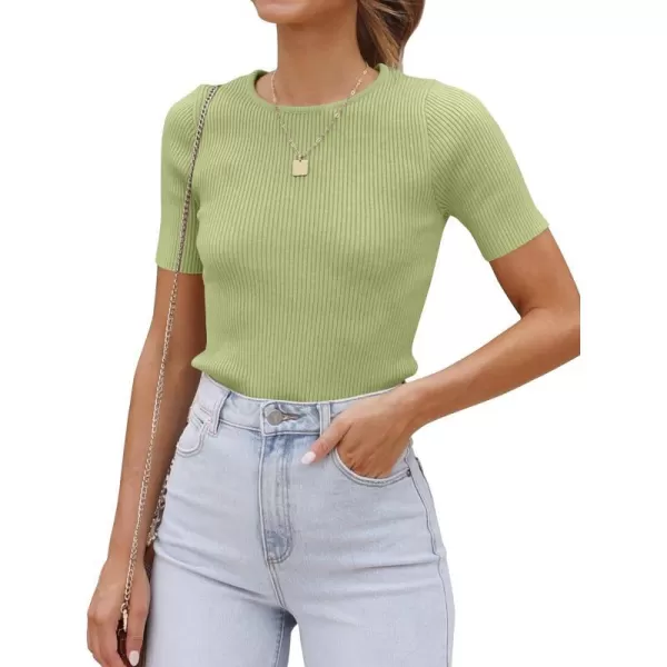 imageZESICA Womens Short Sleeve Crewneck Ribbed Knit Slim Fit T Shirt 2023 Summer Basic Solid Color Tee TopsMossgreen