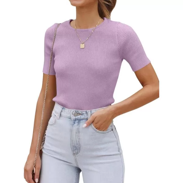 imageZESICA Womens Short Sleeve Crewneck Ribbed Knit Slim Fit T Shirt 2023 Summer Basic Solid Color Tee TopsPurple