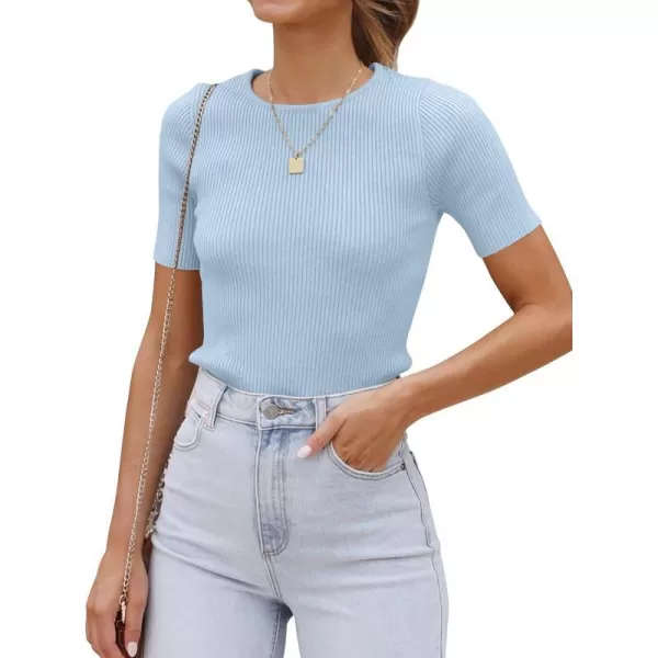 imageZESICA Womens Short Sleeve Crewneck Ribbed Knit Slim Fit T Shirt 2023 Summer Basic Solid Color Tee TopsSkyblue