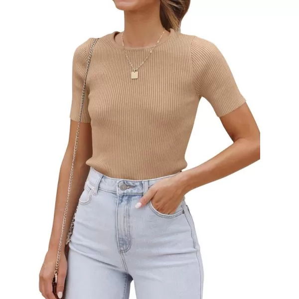 imageZESICA Womens Short Sleeve Crewneck Ribbed Knit Slim Fit T Shirt 2023 Summer Basic Solid Color Tee TopsToffee